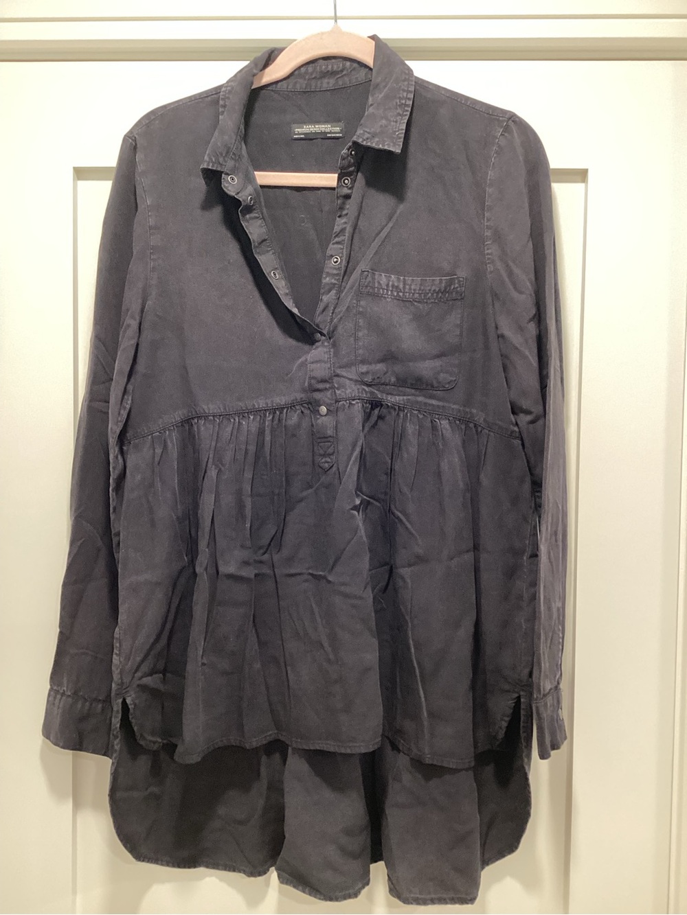 Zara Washed Charcoal Button-Front Peasant Tunic